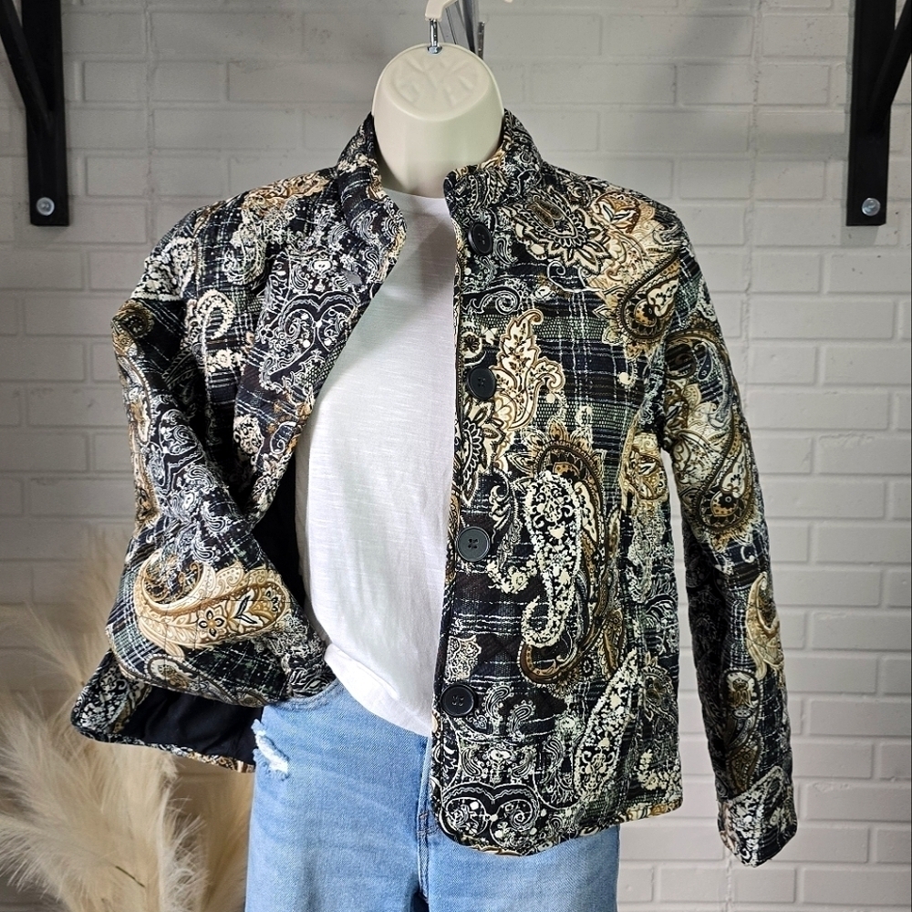 Gloria Vanderbilt Black Quilted Paisley Print Cropped Jacket size Medium